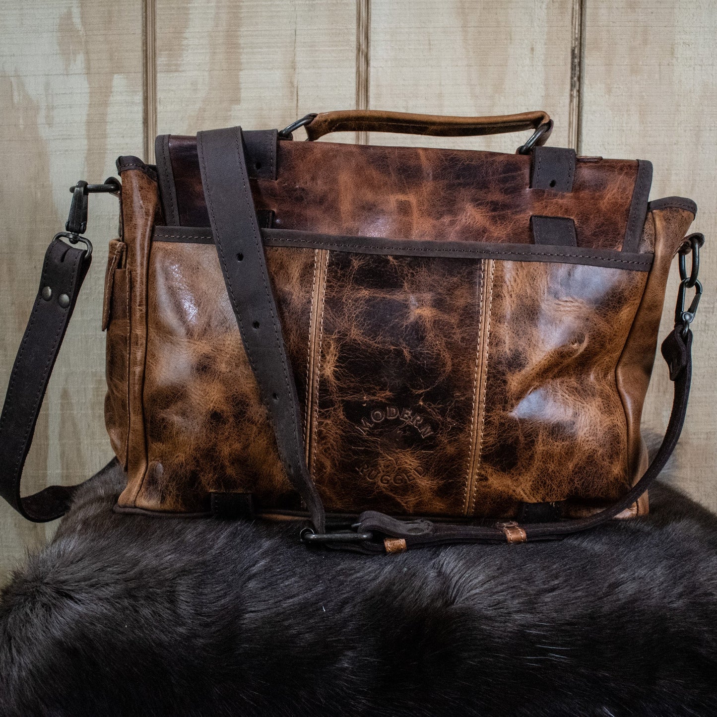 NEW Leather Hide Laptop Bag- Rustic Chestnut and Dark Brown (Buckles)
