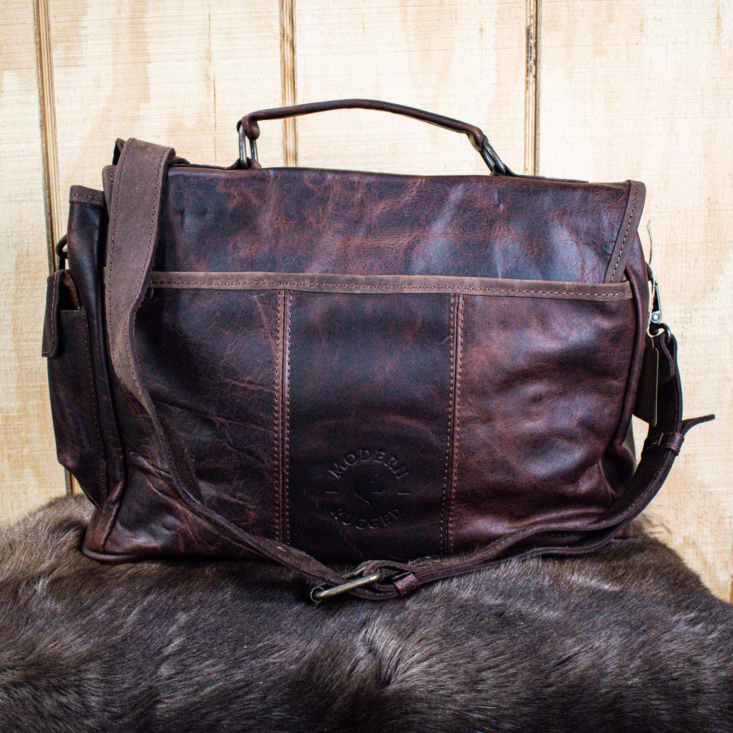 NEW Leather Hide Laptop Bag- Rustic Mahogany and Brown (Clasps)