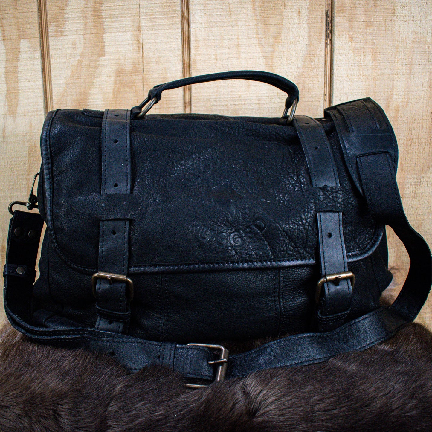 NEW Leather Hide Laptop Bag- Black (Buckles)