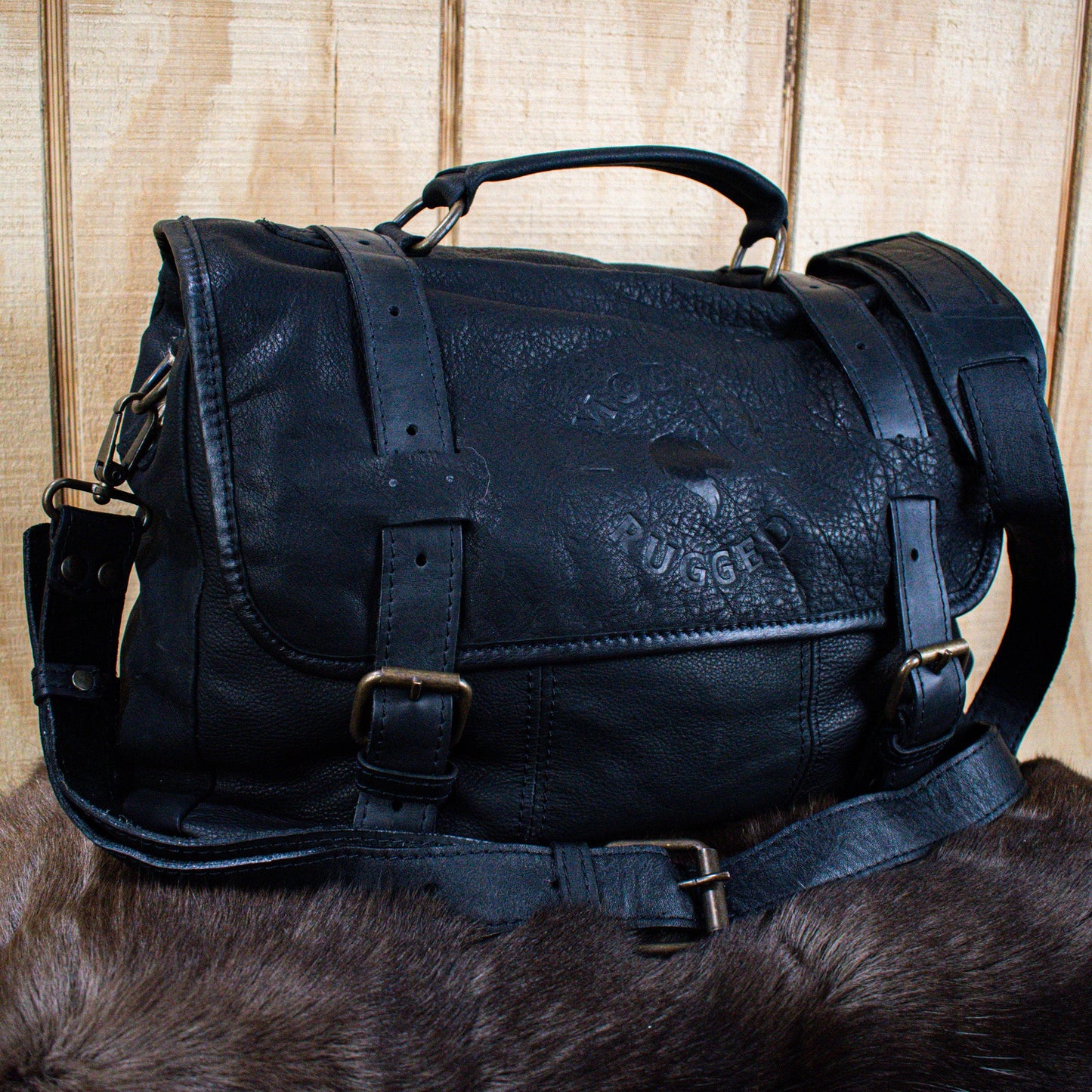 NEW Leather Hide Laptop Bag- Black (Buckles)