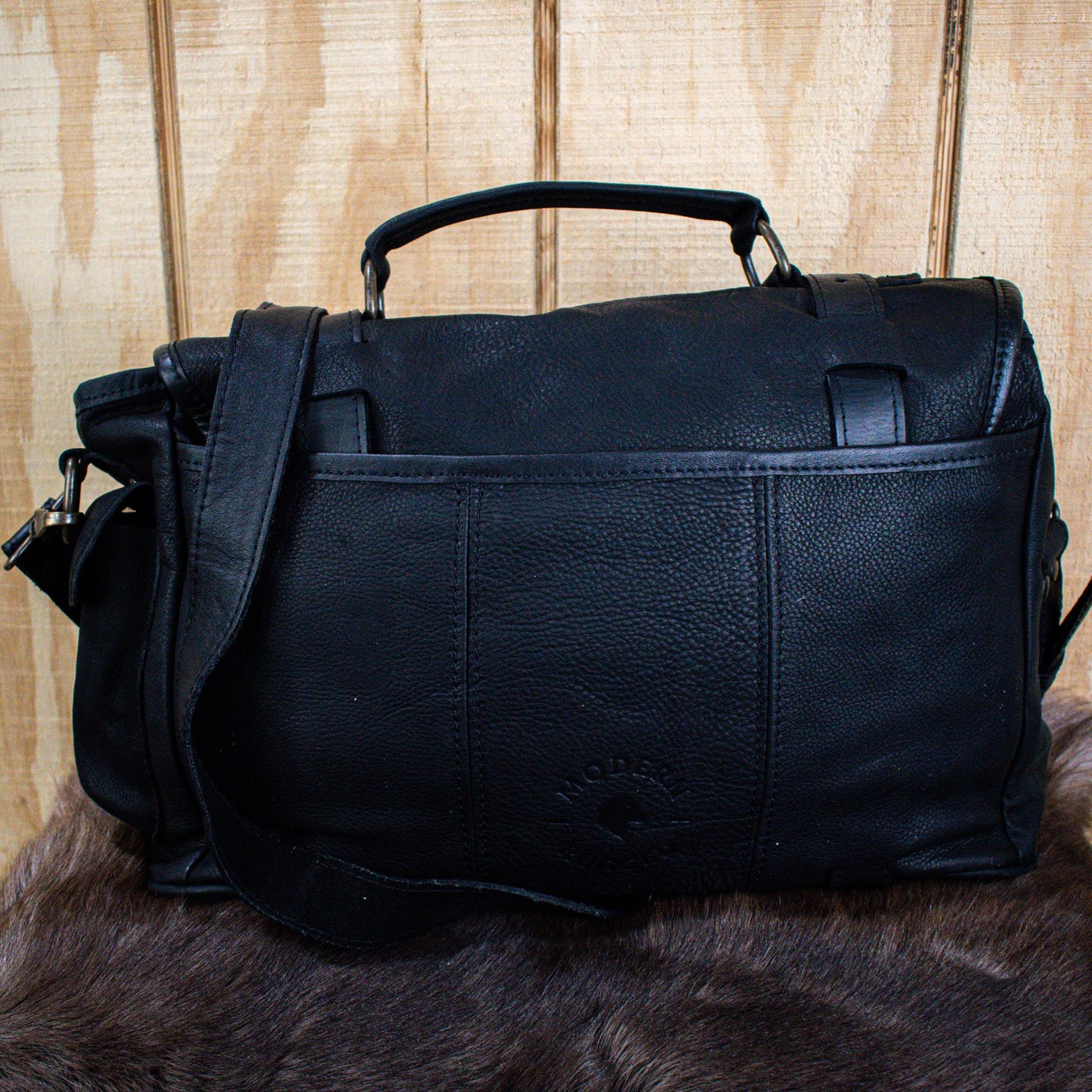 NEW Leather Hide Laptop Bag- Black (Buckles)