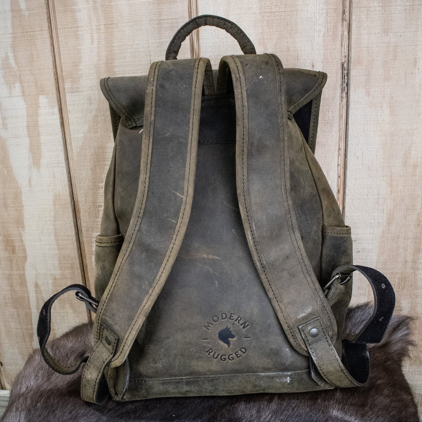 NEW Leather Hide Backpack - Olive (Weathered)