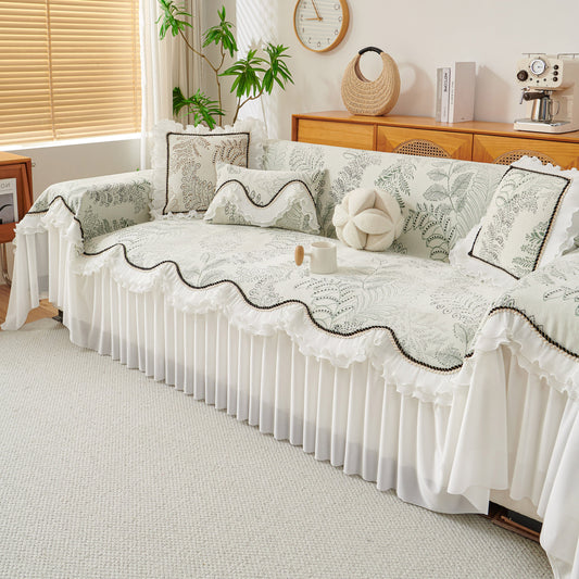 NEW Farmhouse Ruffled Lace Sofa Slipcover Vintage Furniture Protector with Botanical Print