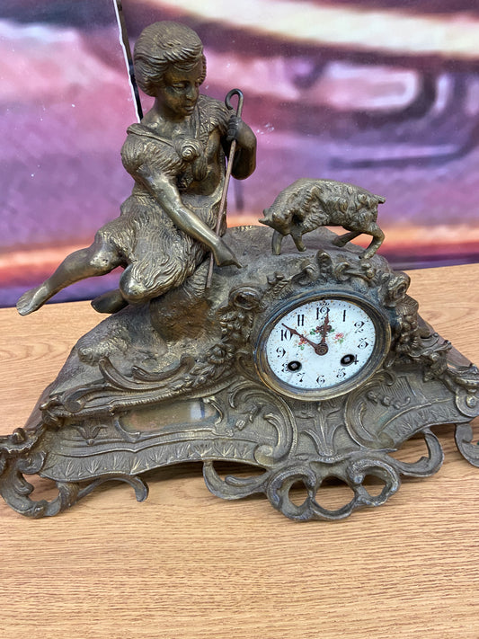 Vintage Guilded Iron Metal Key Wind Figural Mantle Clock