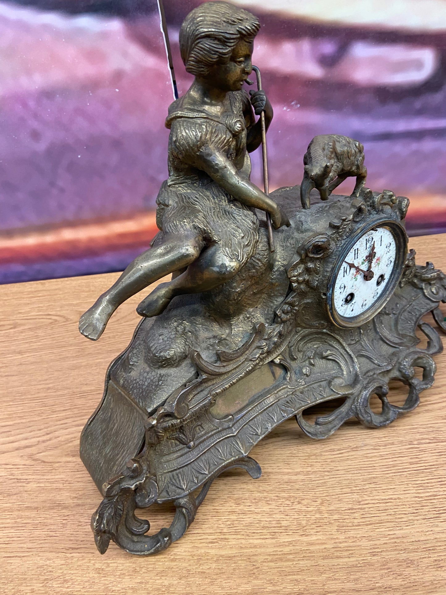 Vintage Guilded Iron Metal Key Wind Figural Mantle Clock