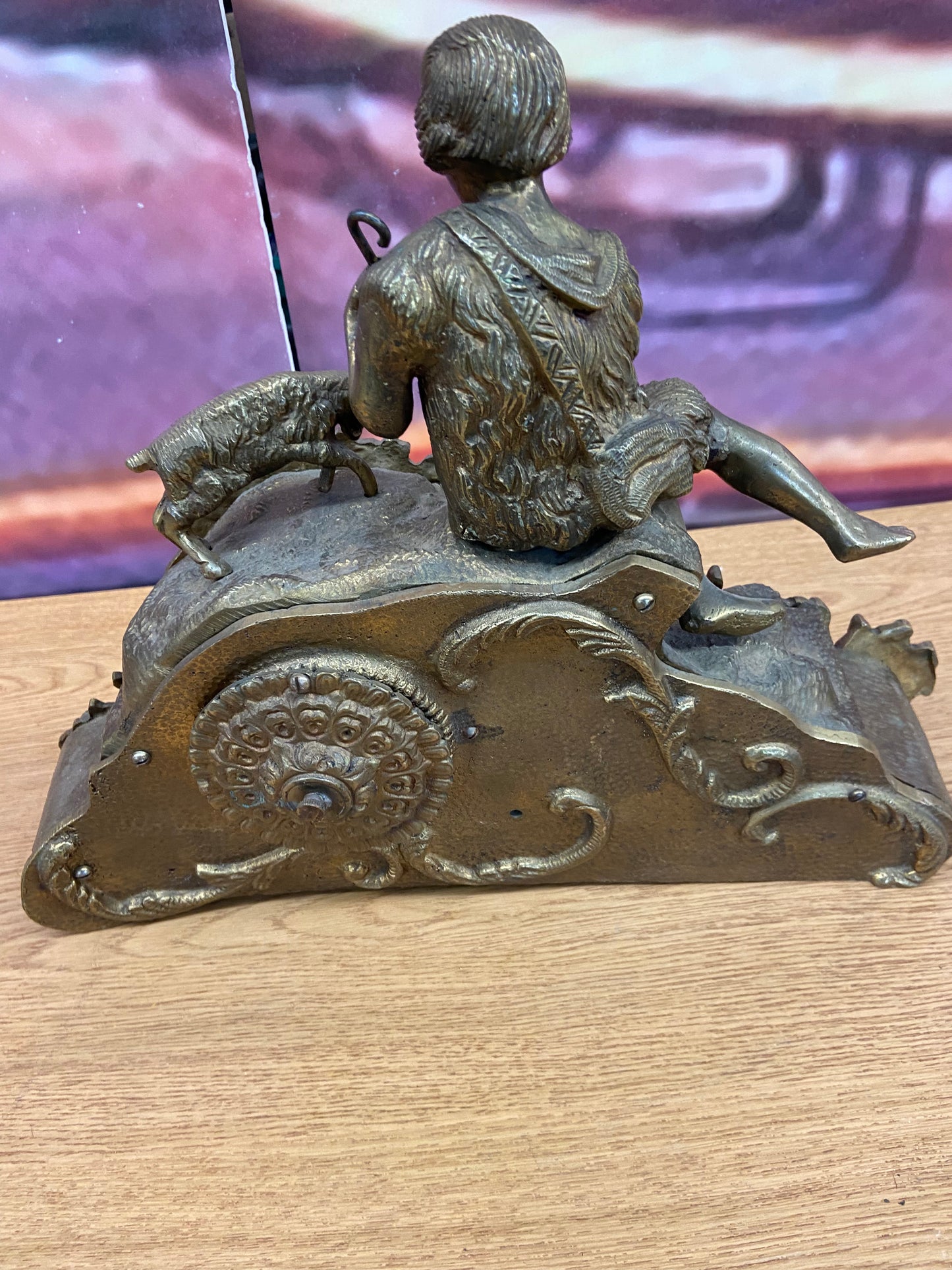 Vintage Guilded Iron Metal Key Wind Figural Mantle Clock