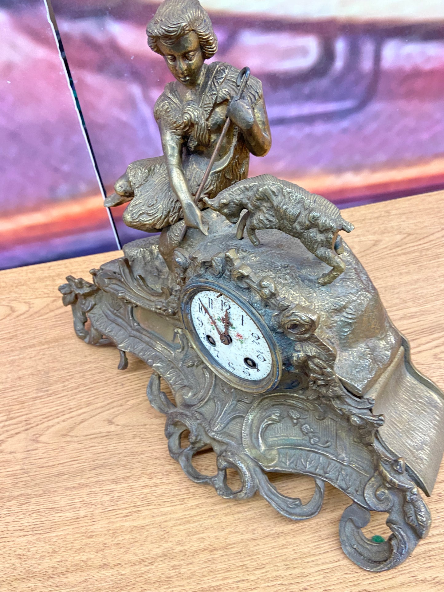 Vintage Guilded Iron Metal Key Wind Figural Mantle Clock