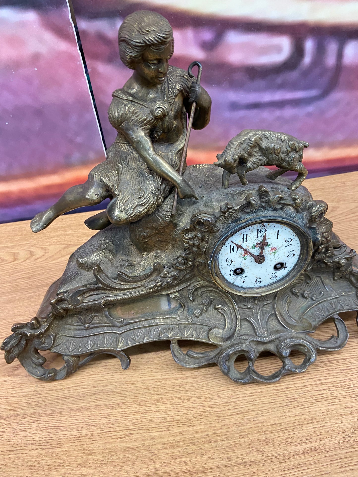 Vintage Guilded Iron Metal Key Wind Figural Mantle Clock