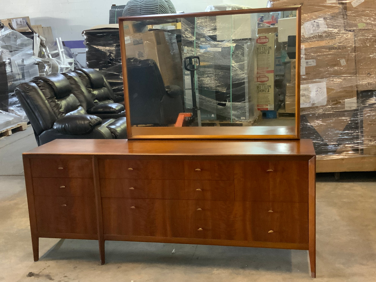 MCM Mid Century Modern West Michigan Eight Drawer Triple Dresser with Mirror
