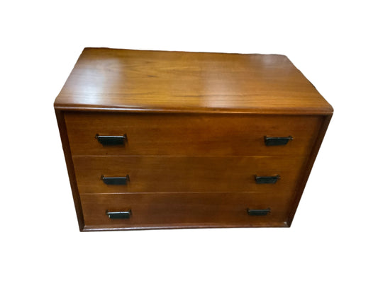 Mid Century Modern Platform Style Teak Wood Three Drawer Bachelors Chest Nightstand