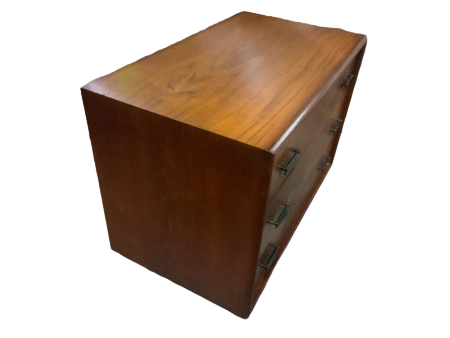 Mid Century Modern Platform Style Teak Wood Three Drawer Bachelors Chest Nightstand