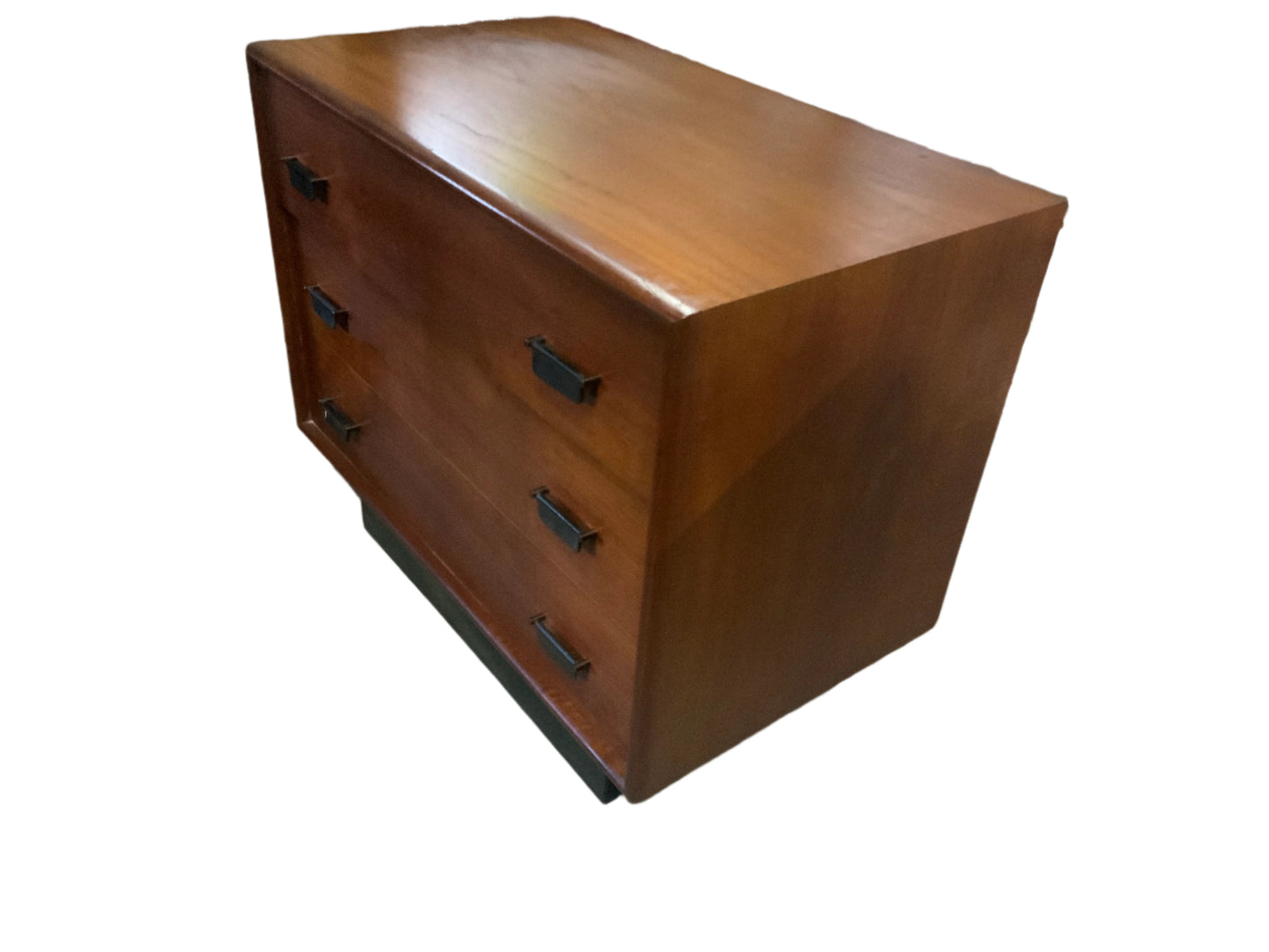 Mid Century Modern Platform Style Teak Wood Three Drawer Bachelors Chest Nightstand