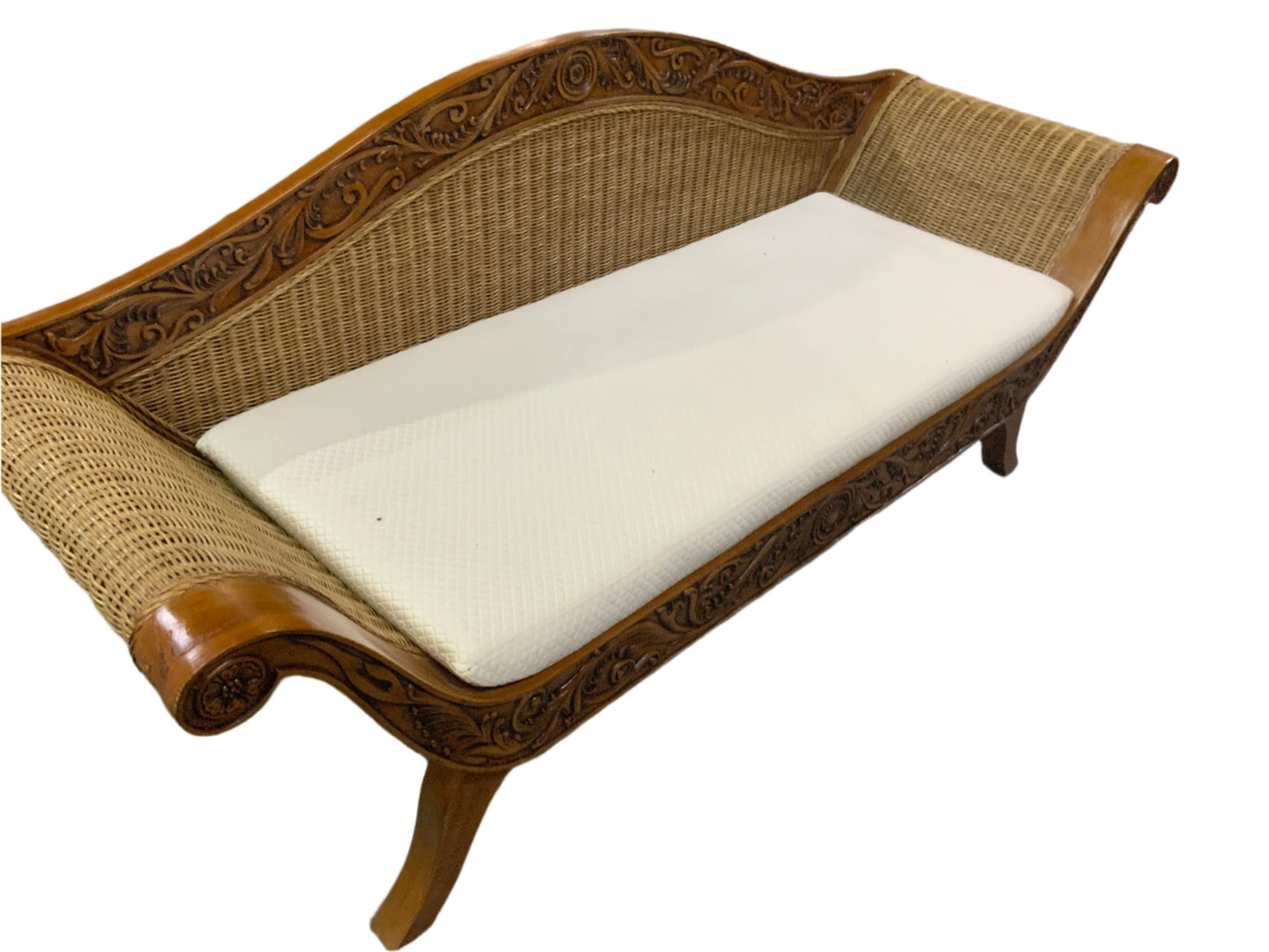 Wicker Carved Wood Bench Cushioned Couch Loveseat
