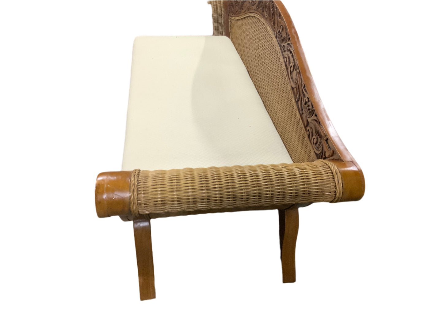 Wicker Carved Wood Bench Cushioned Couch Loveseat