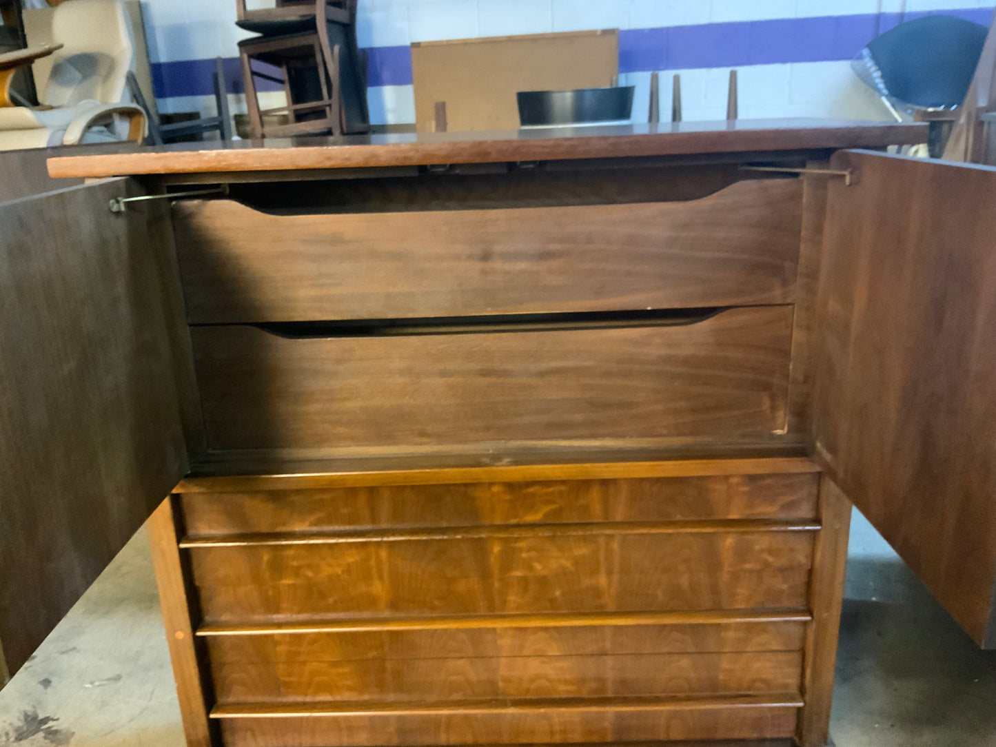 MCM Mid Century Modern Walnut Five Drawer Two Door Gentleman Chest of Drawers
