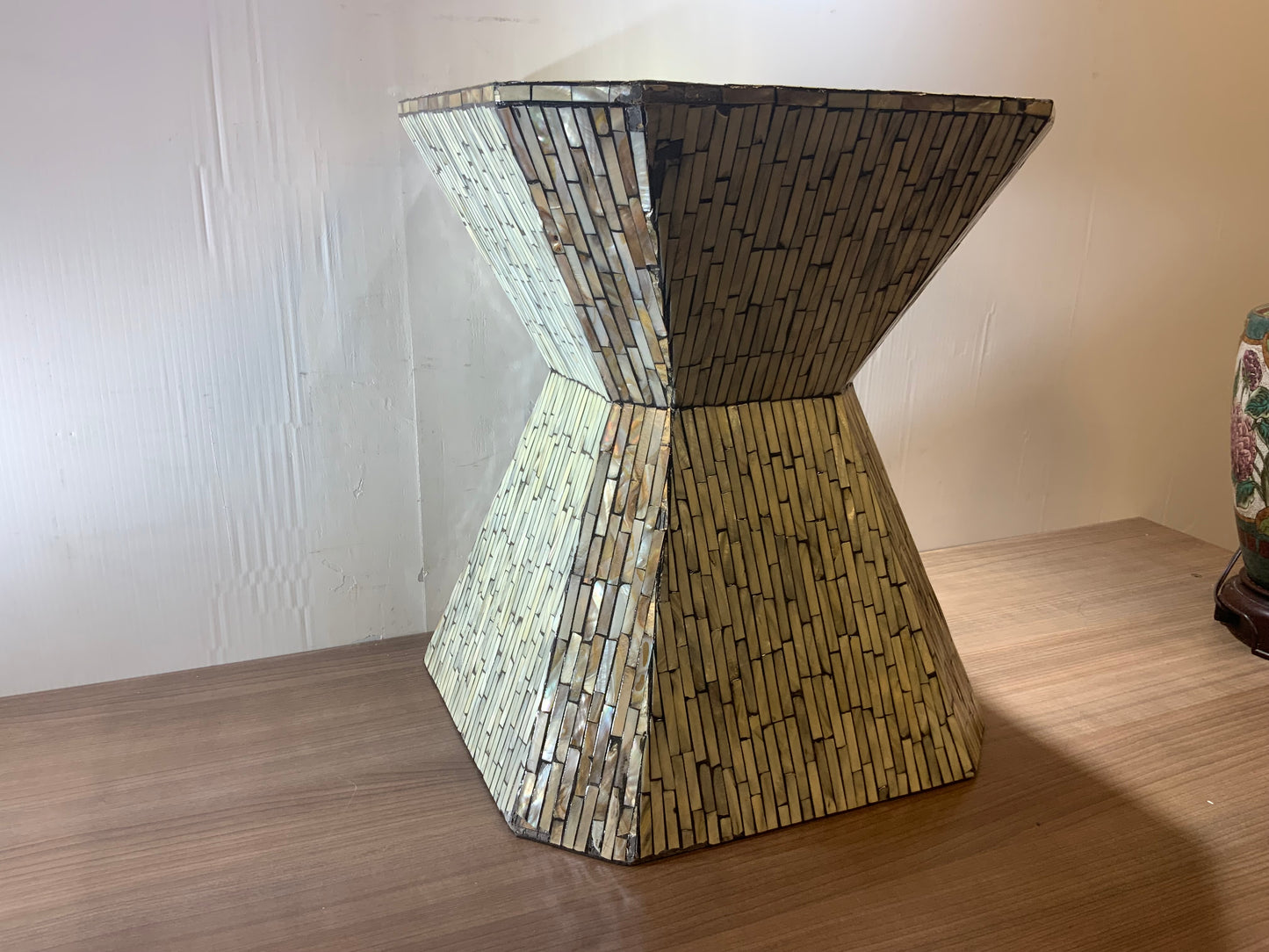 Gray Mother of Pearl Hourglass Geometric Accent Table