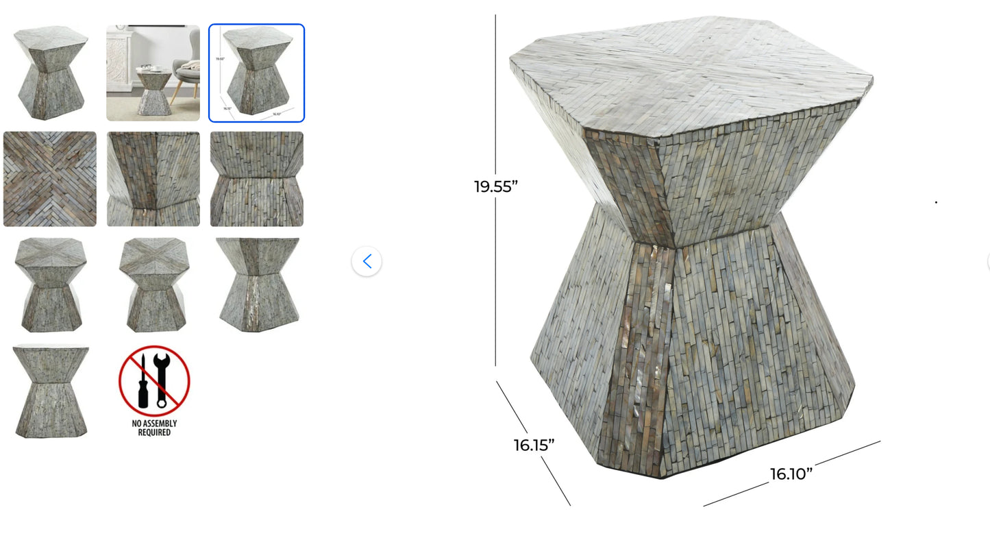 Gray Mother of Pearl Hourglass Geometric Accent Table