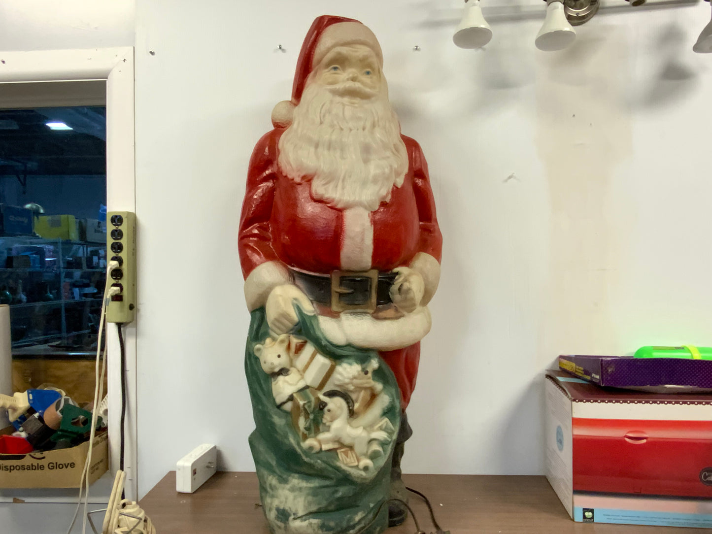 Vintage Christmas 46” Lighted Santa Holding His Green Bag Of Toys Blow Mold