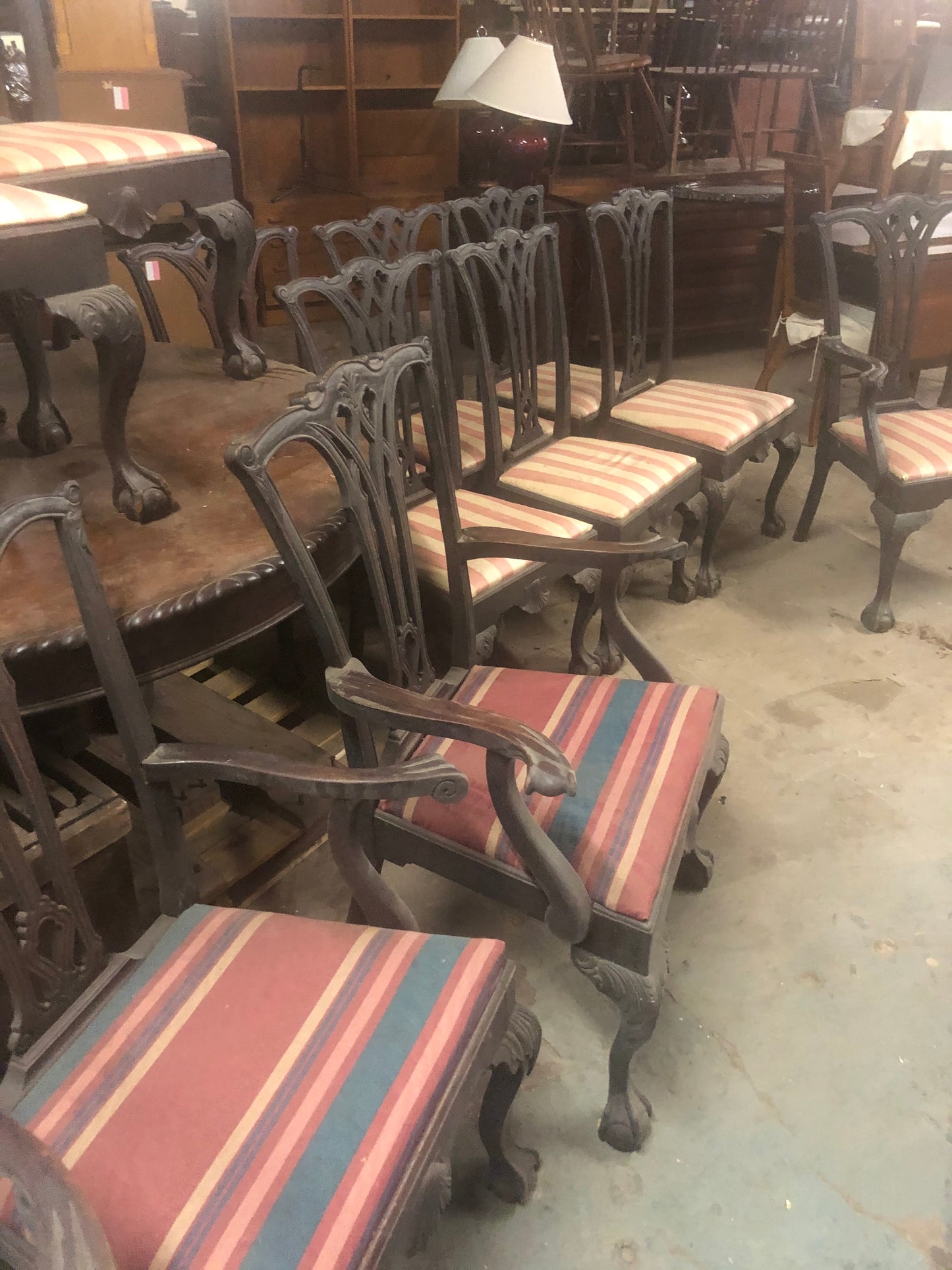 Very Early Cabinet Maker 14 pc Mahogany Chippendale Ball n Claw Foot Dinning Room Table Set