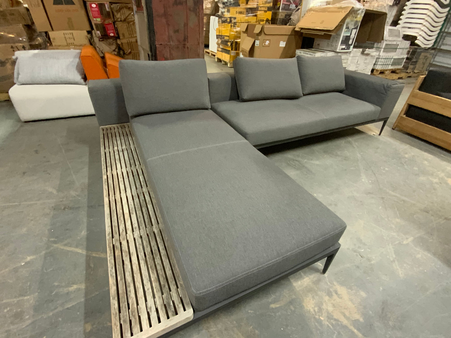 Herman Miller Mid Century Style Grey Upholstered Sectional Sofa Wood Bench