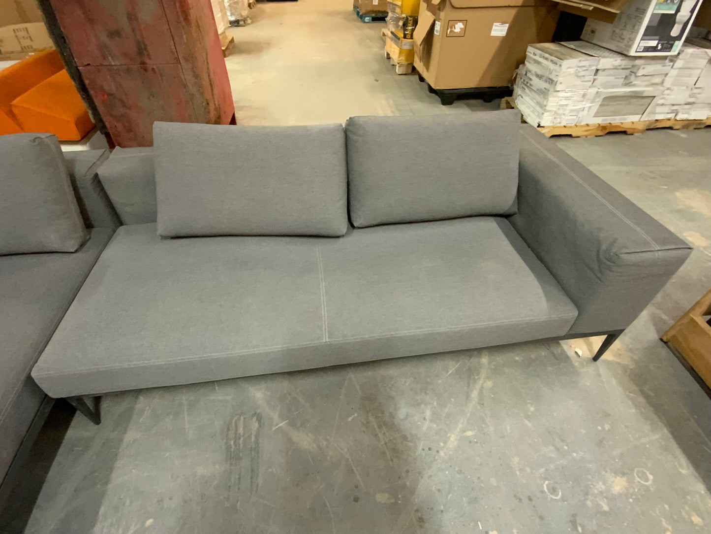 Herman Miller Mid Century Style Grey Upholstered Sectional Sofa Wood Bench