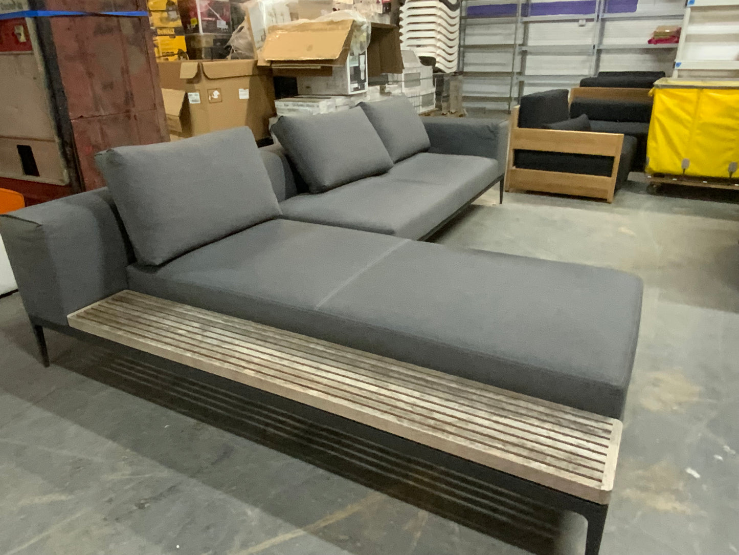 Herman Miller Mid Century Style Grey Upholstered Sectional Sofa Wood Bench