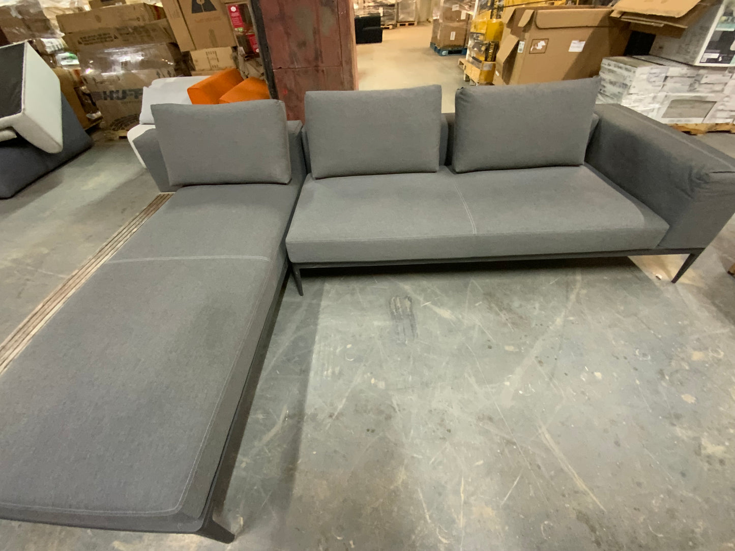 Herman Miller Mid Century Style Grey Upholstered Sectional Sofa Wood Bench