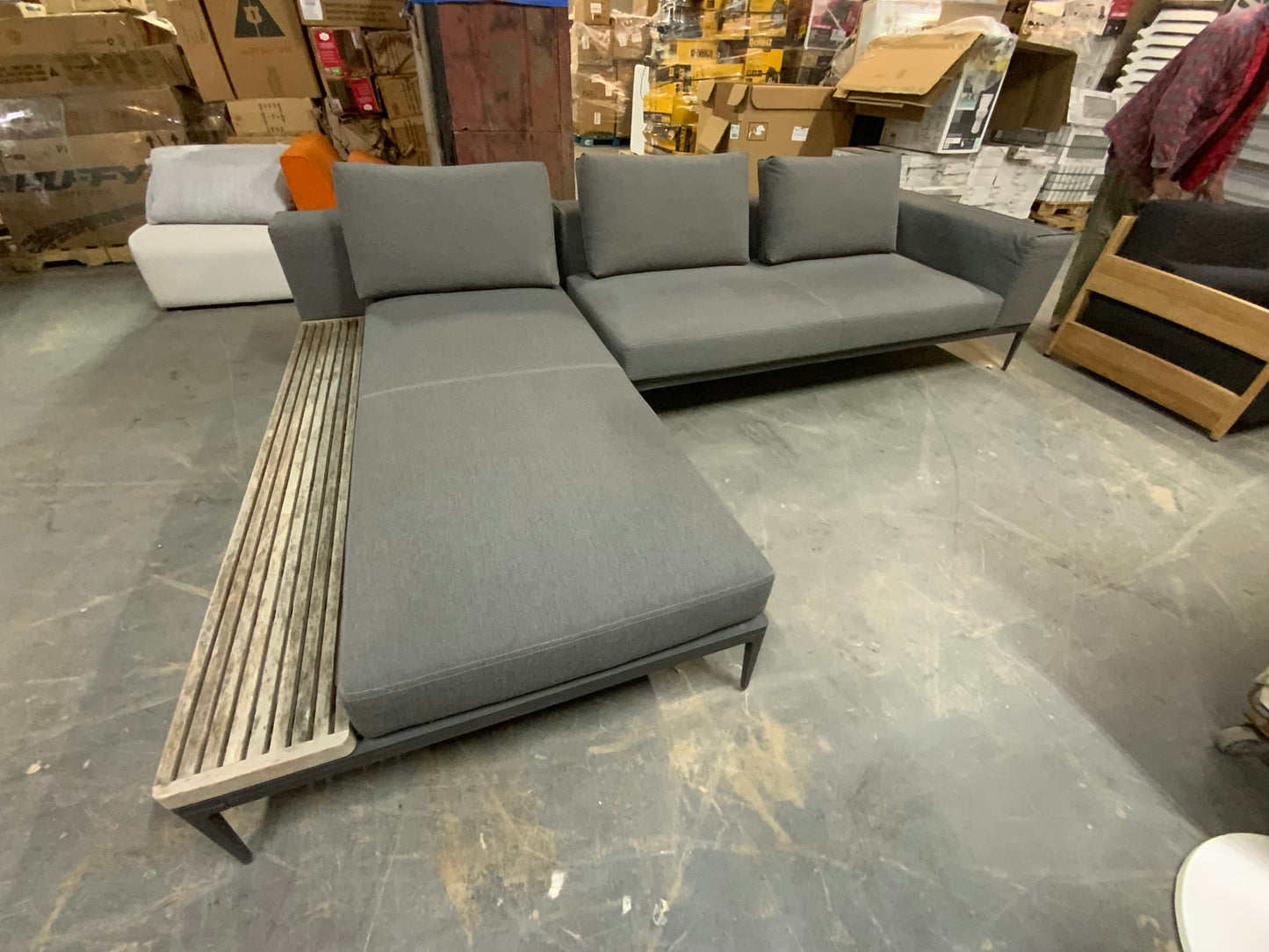 Herman Miller Mid Century Style Grey Upholstered Sectional Sofa Wood Bench