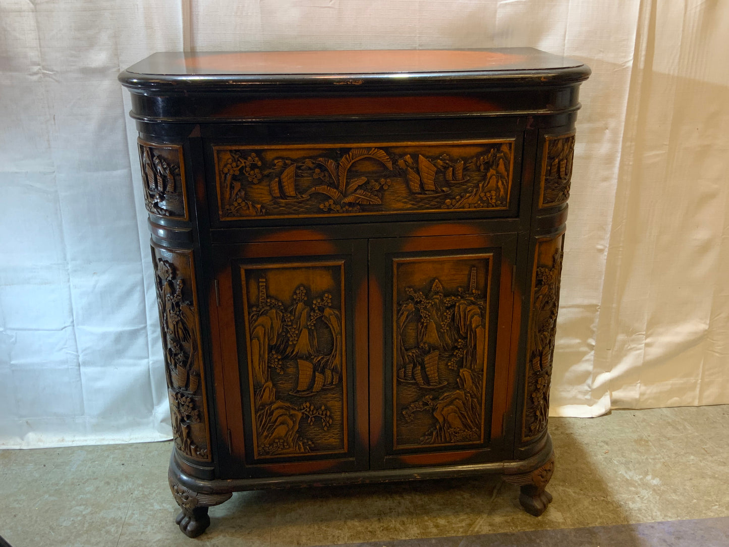 USED Wood Curved Asian Flip Top Bar Cabinet