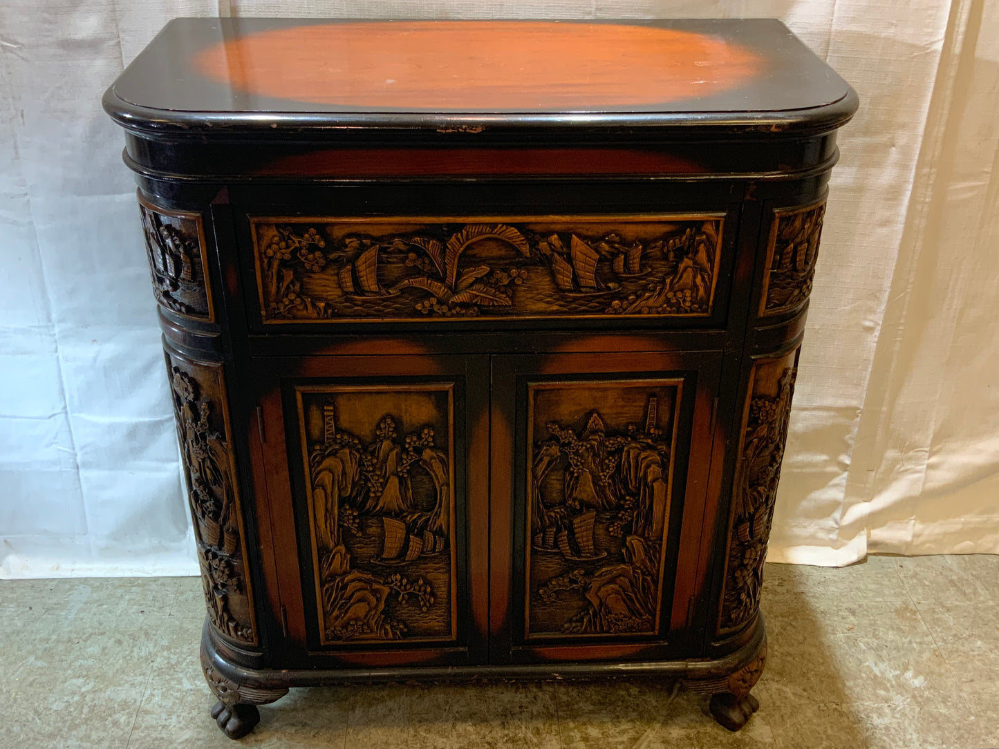 USED Wood Curved Asian Flip Top Bar Cabinet