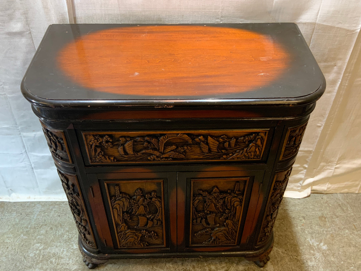 USED Wood Curved Asian Flip Top Bar Cabinet