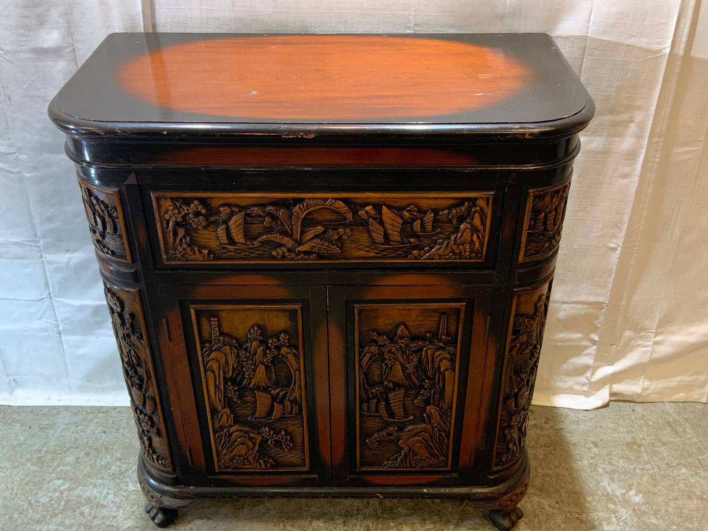 USED Wood Curved Asian Flip Top Bar Cabinet