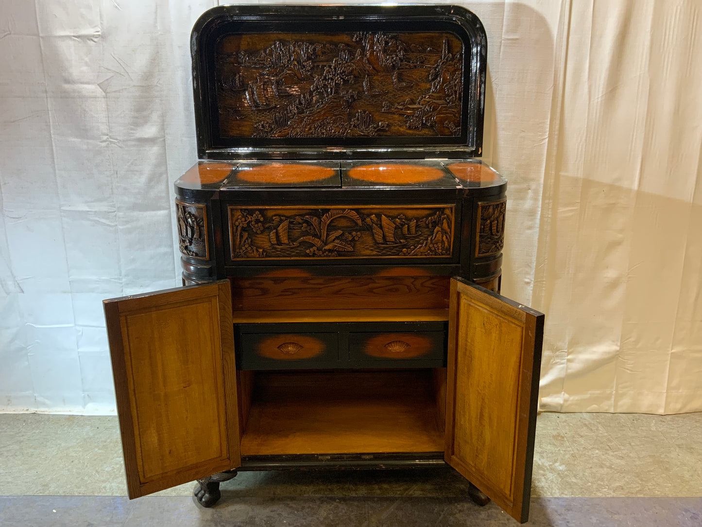 USED Wood Curved Asian Flip Top Bar Cabinet