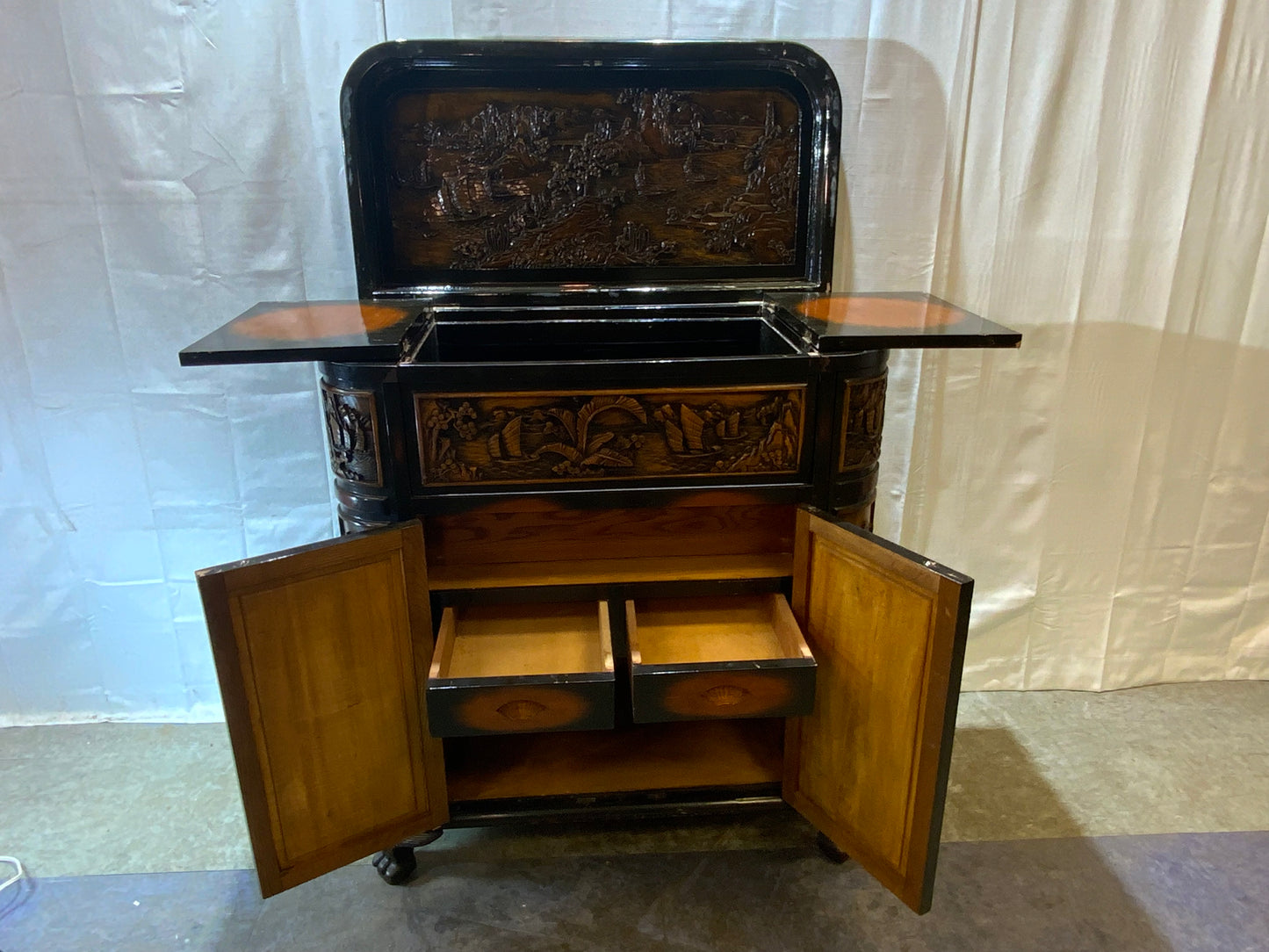 USED Wood Curved Asian Flip Top Bar Cabinet