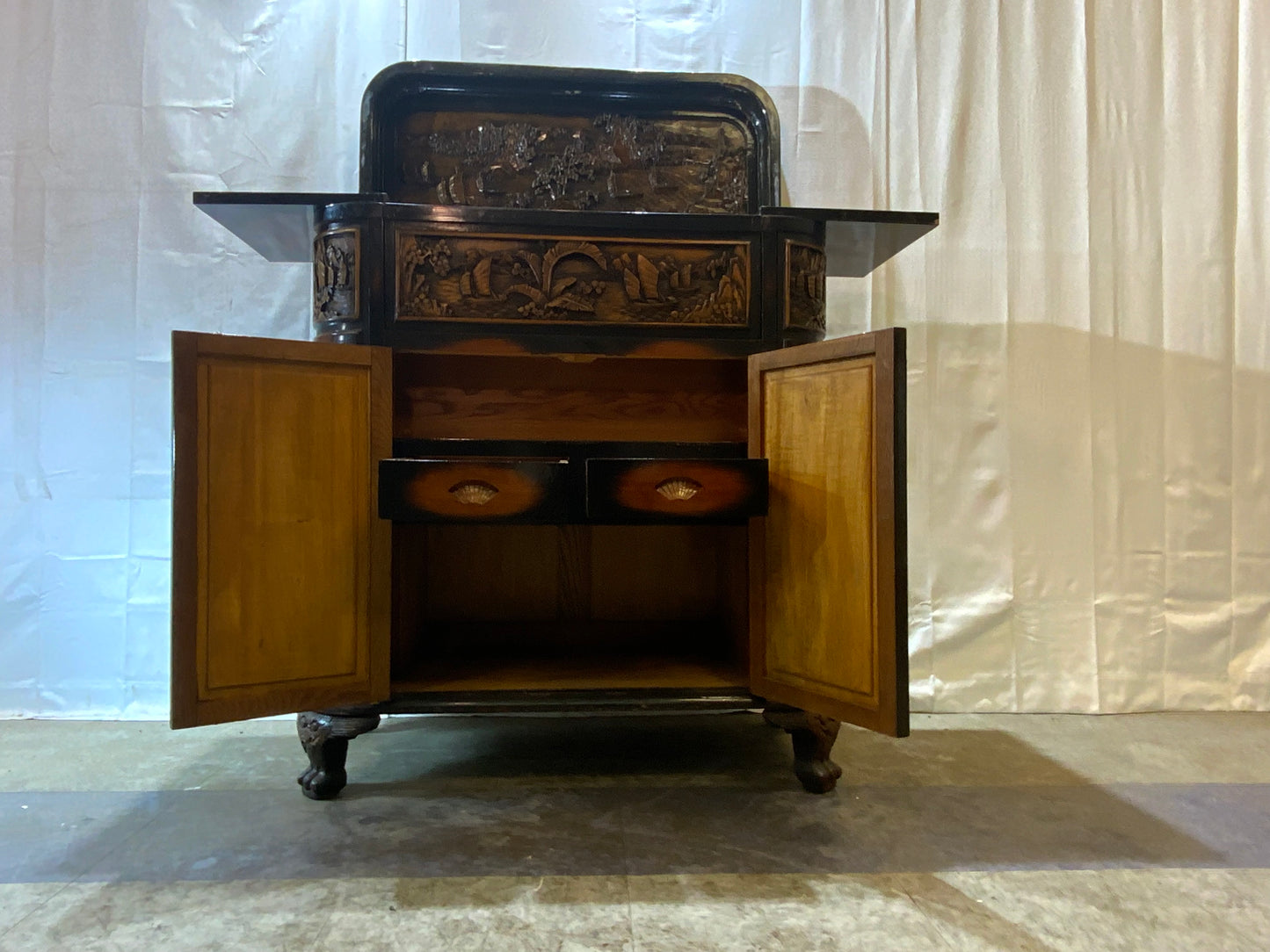 USED Wood Curved Asian Flip Top Bar Cabinet