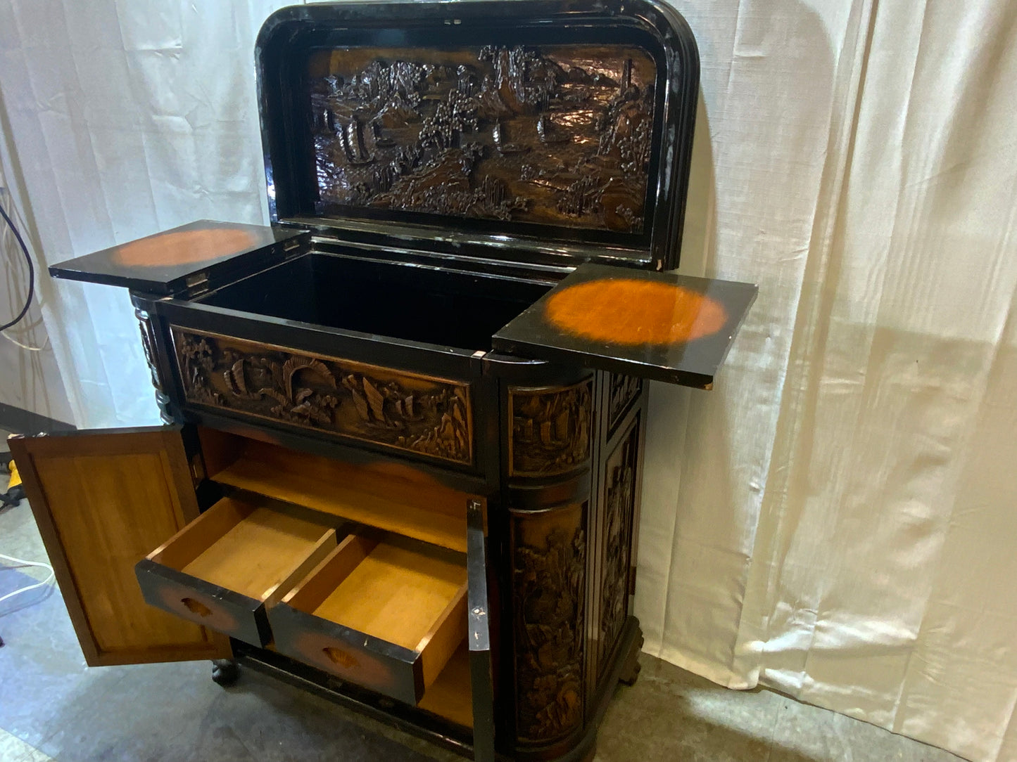 USED Wood Curved Asian Flip Top Bar Cabinet