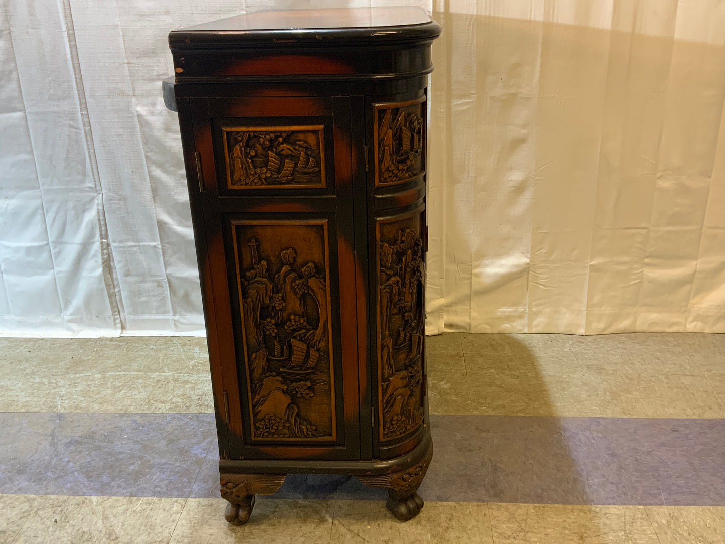 USED Wood Curved Asian Flip Top Bar Cabinet