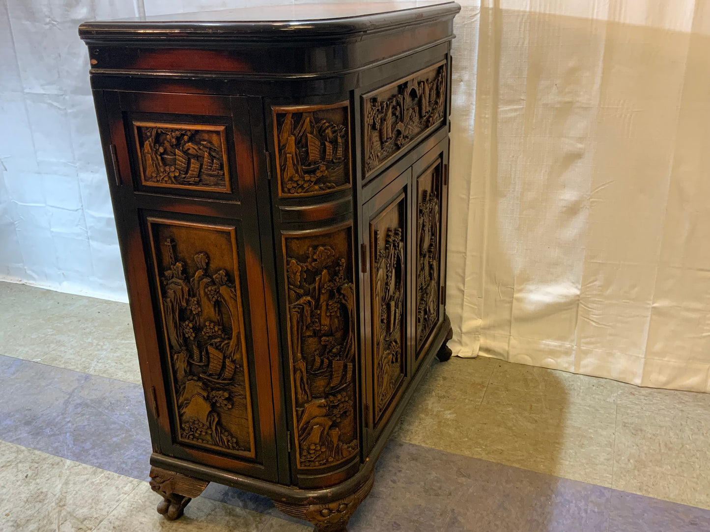 USED Wood Curved Asian Flip Top Bar Cabinet