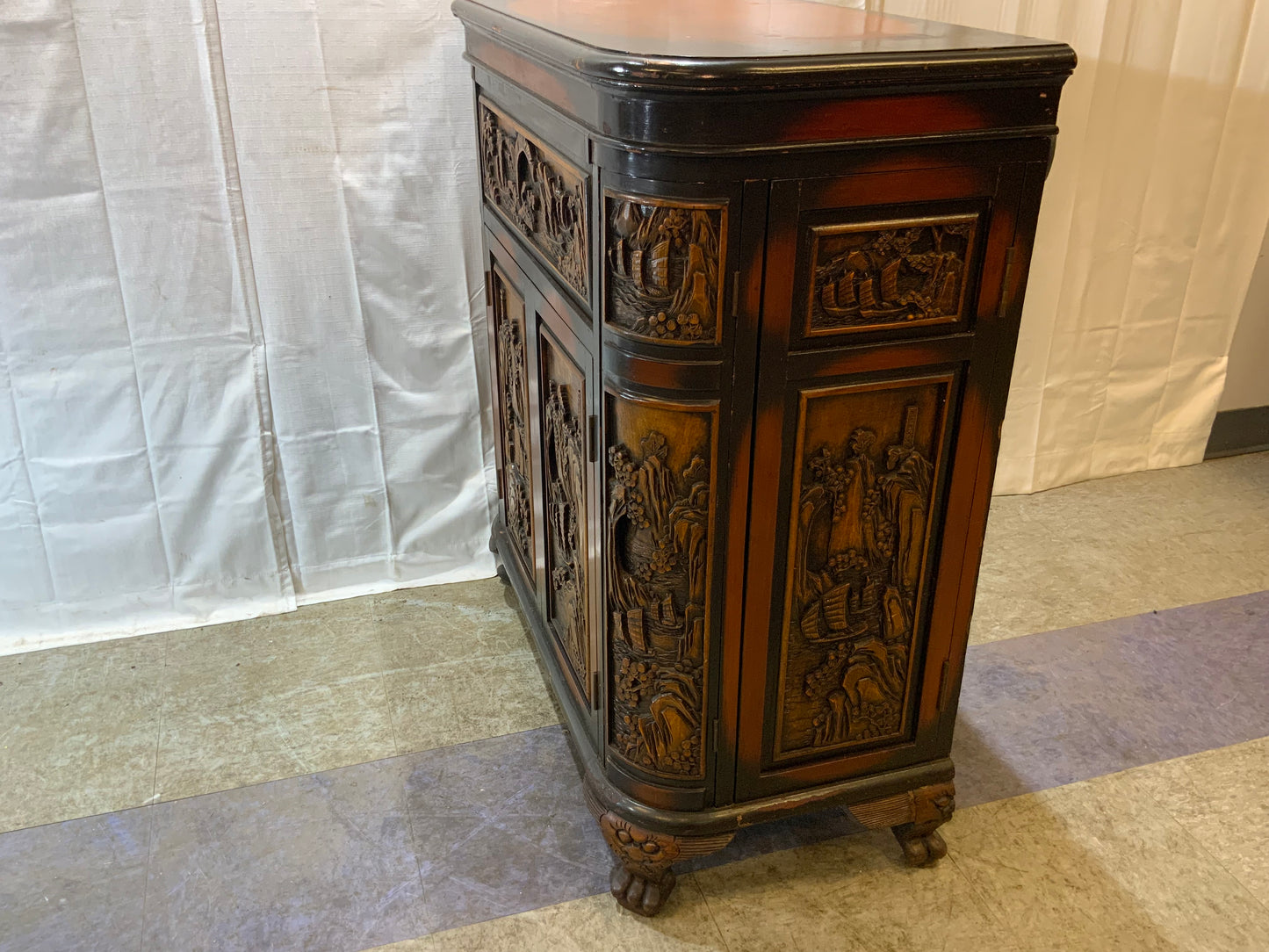 USED Wood Curved Asian Flip Top Bar Cabinet