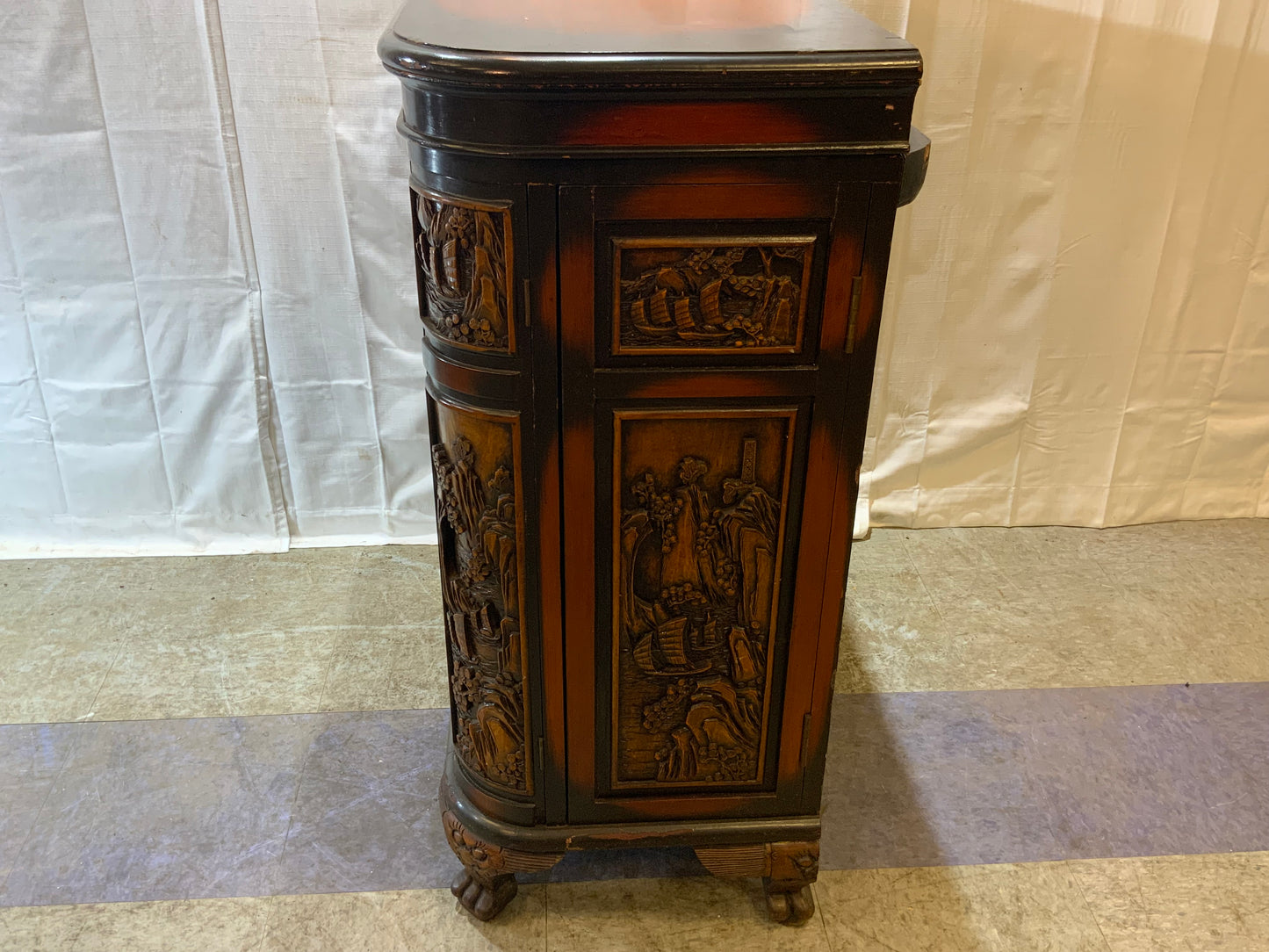 USED Wood Curved Asian Flip Top Bar Cabinet