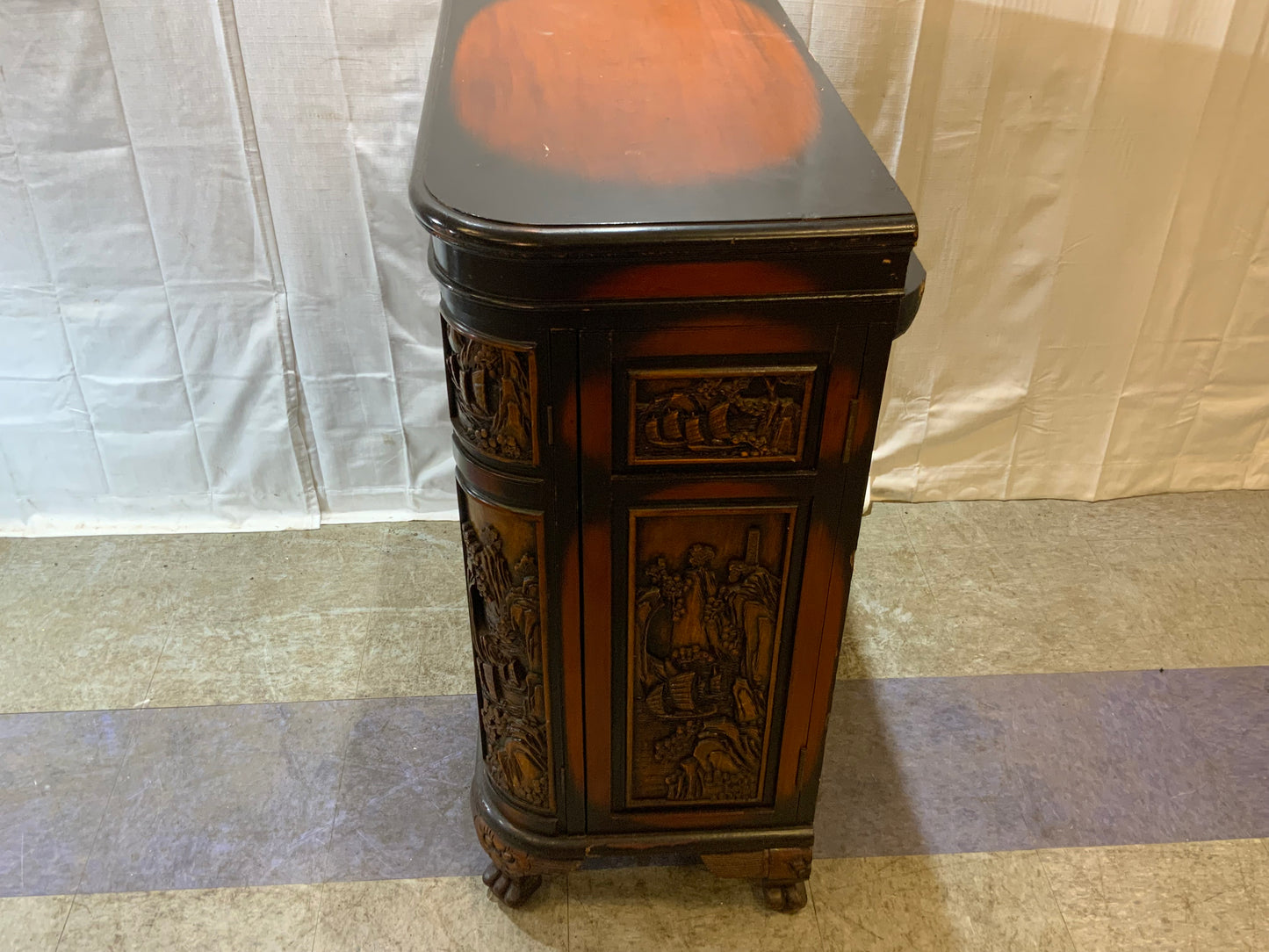 USED Wood Curved Asian Flip Top Bar Cabinet