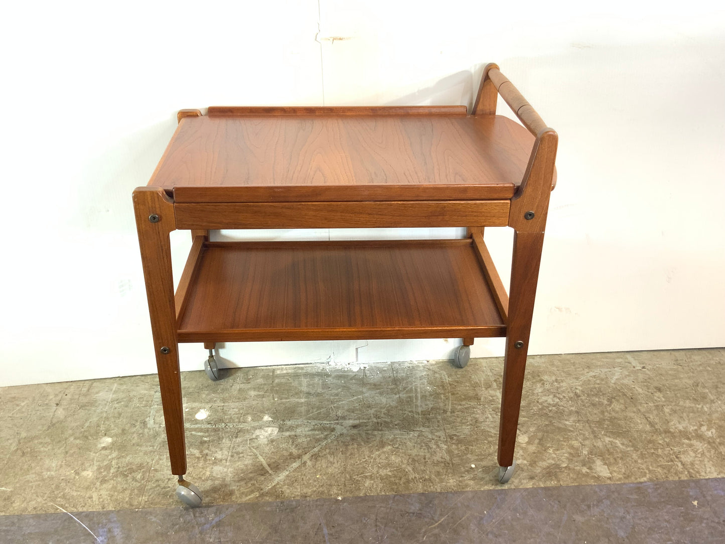 USED Danish Mid Century Modern Teak Wood Rolling Bar Tea Cart