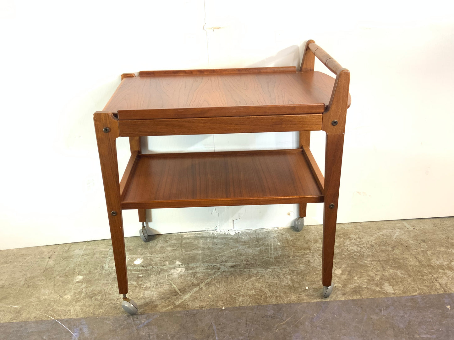 USED Danish Mid Century Modern Teak Wood Rolling Bar Tea Cart