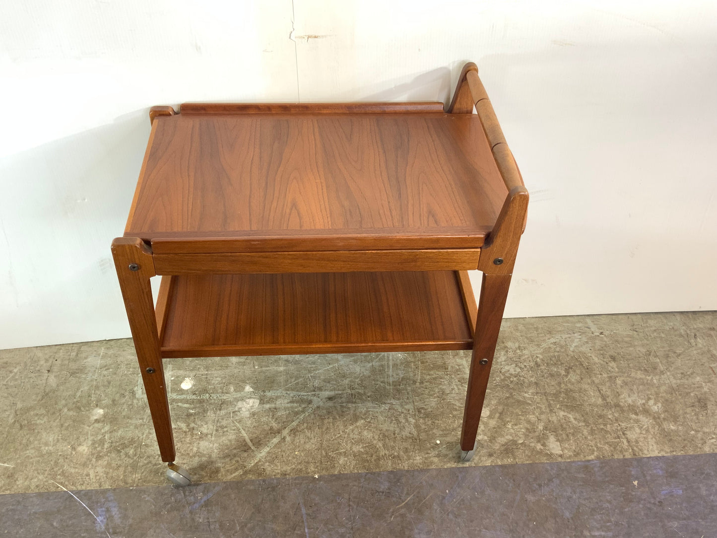 USED Danish Mid Century Modern Teak Wood Rolling Bar Tea Cart