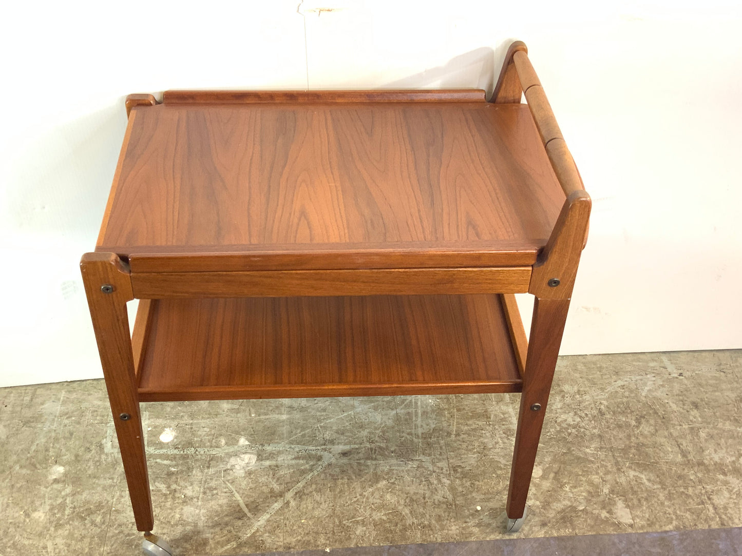 USED Danish Mid Century Modern Teak Wood Rolling Bar Tea Cart