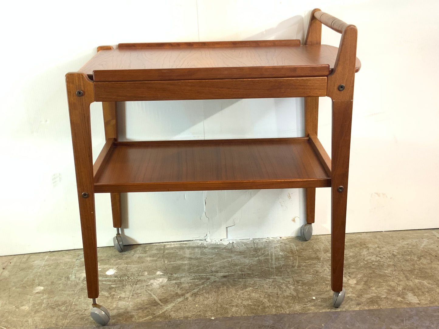 USED Danish Mid Century Modern Teak Wood Rolling Bar Tea Cart