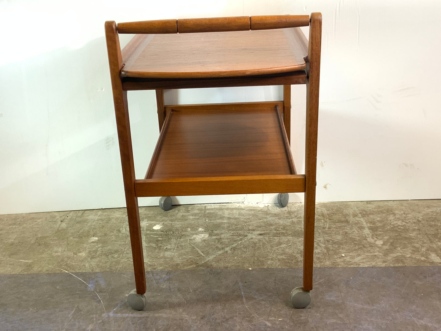 USED Danish Mid Century Modern Teak Wood Rolling Bar Tea Cart