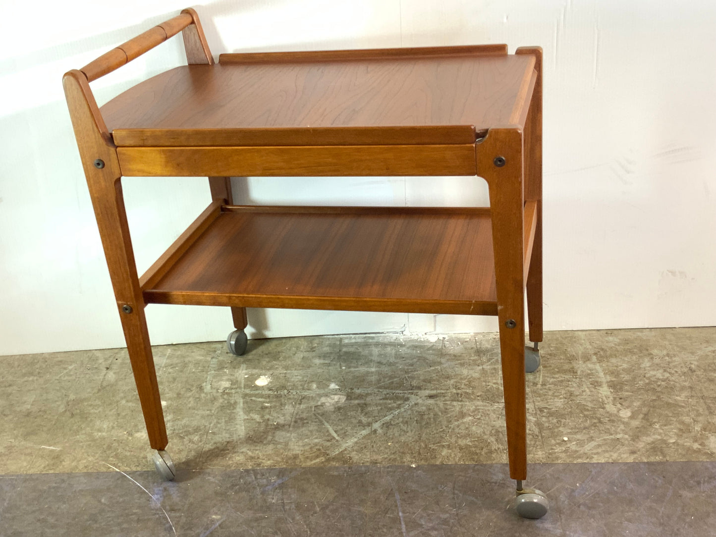 USED Danish Mid Century Modern Teak Wood Rolling Bar Tea Cart