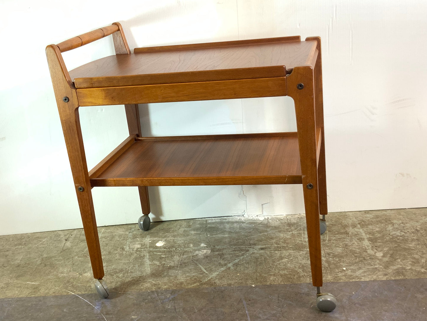 USED Danish Mid Century Modern Teak Wood Rolling Bar Tea Cart