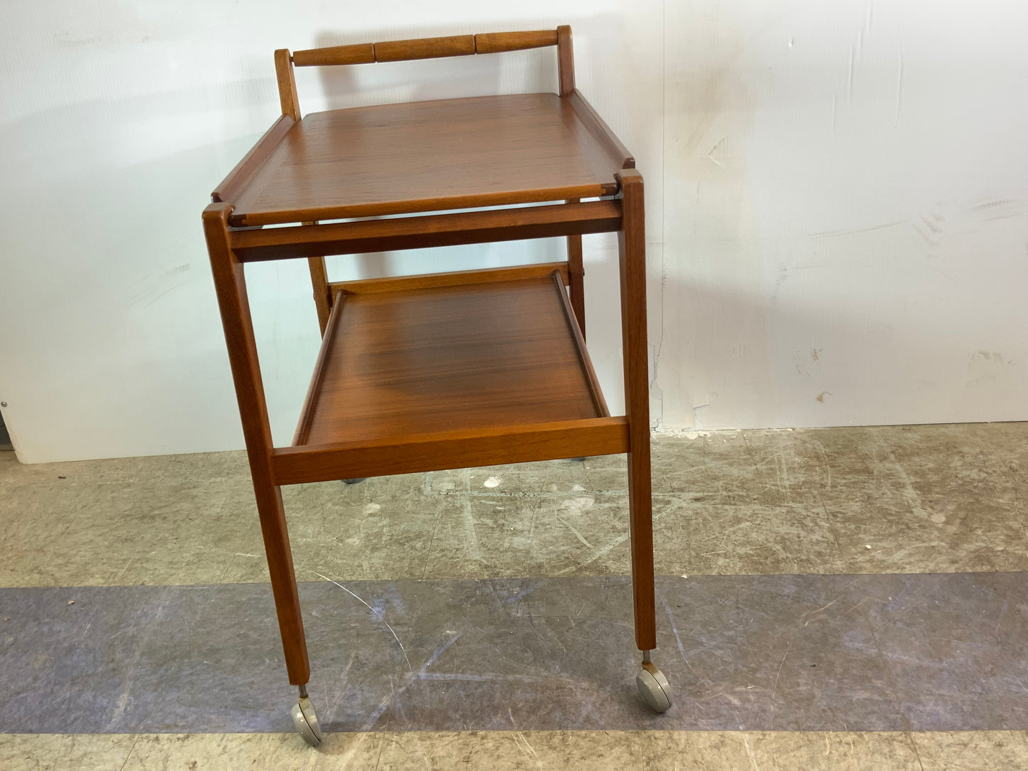 USED Danish Mid Century Modern Teak Wood Rolling Bar Tea Cart